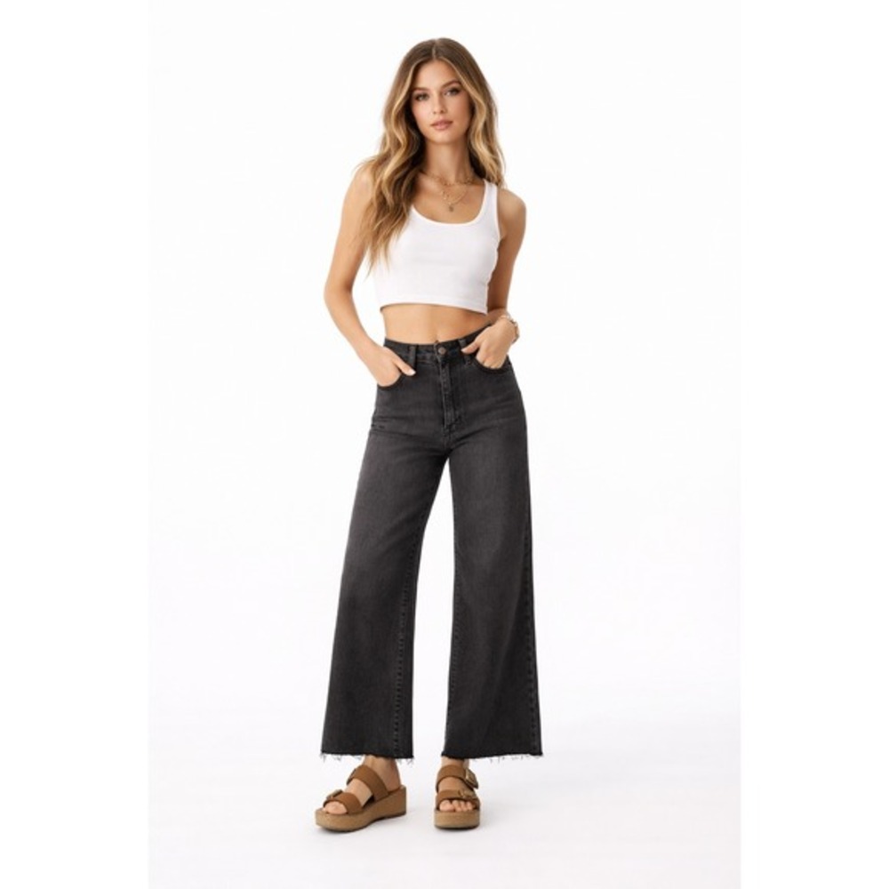 Daze‎ Denim Far Out High Rise Wide Leg Jeans Black Frayed Hem Size 28 NWT